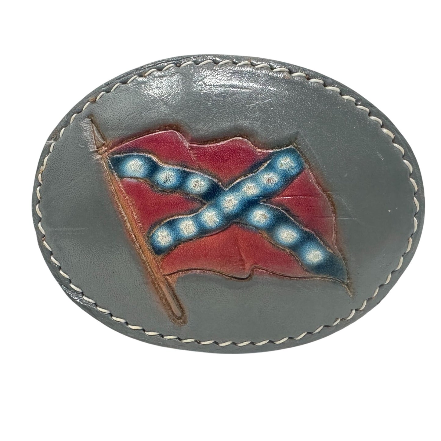 Vtg Civil War Oval Tooled Leather Belt Buckle Handcrafted Flag Southern Cross