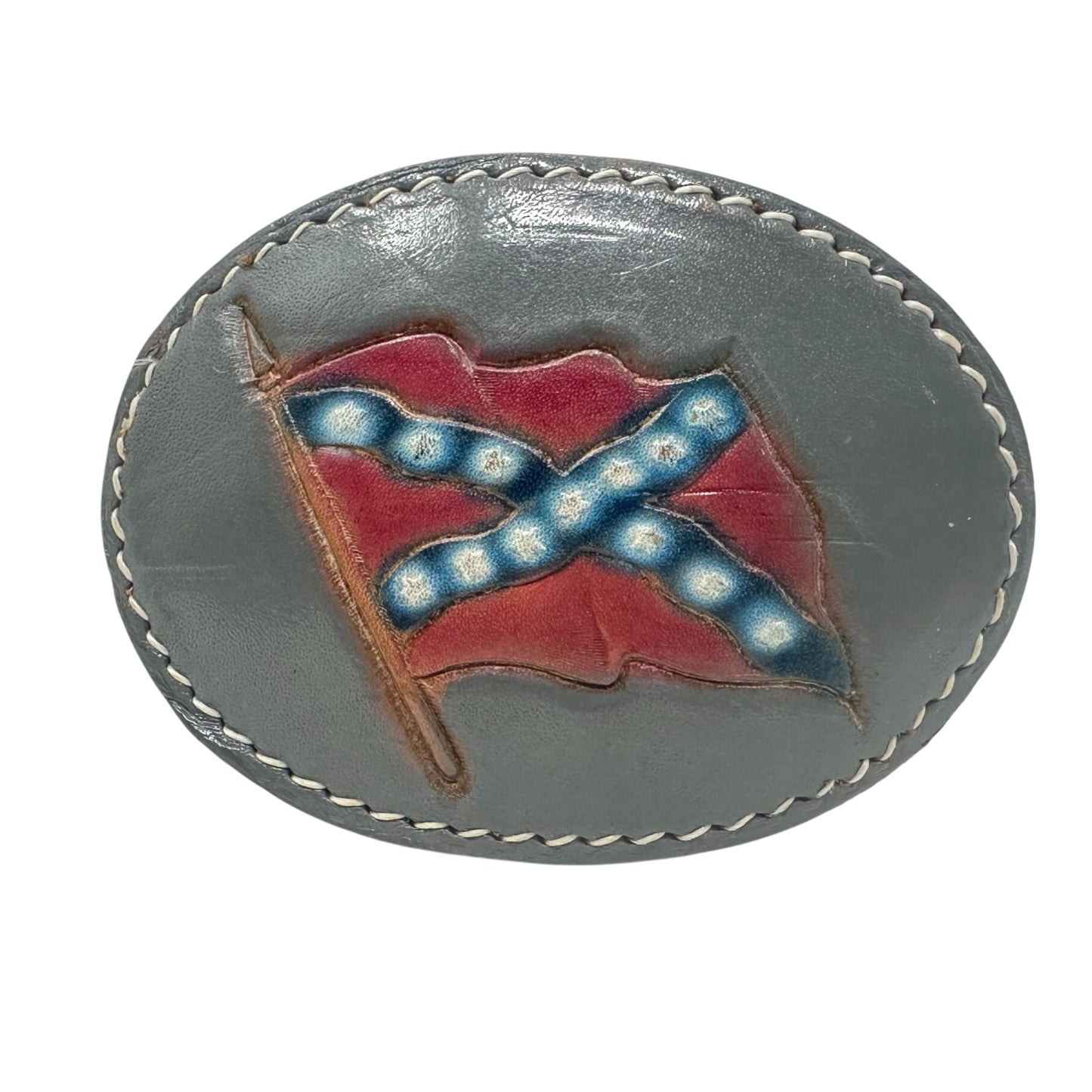 Vtg Civil War Oval Tooled Leather Belt Buckle Handcrafted Flag Southern Cross