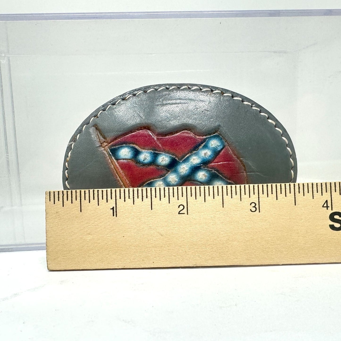 Vtg Civil War Oval Tooled Leather Belt Buckle Handcrafted Flag Southern Cross