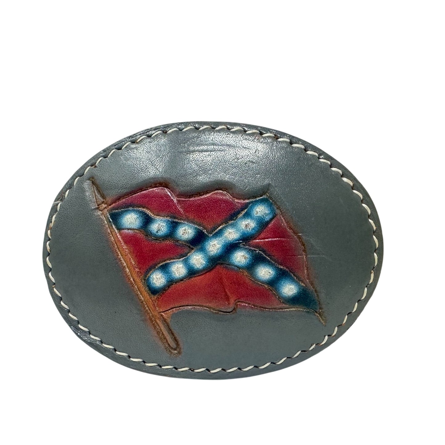 Vtg Civil War Oval Tooled Leather Belt Buckle Handcrafted Flag Southern Cross