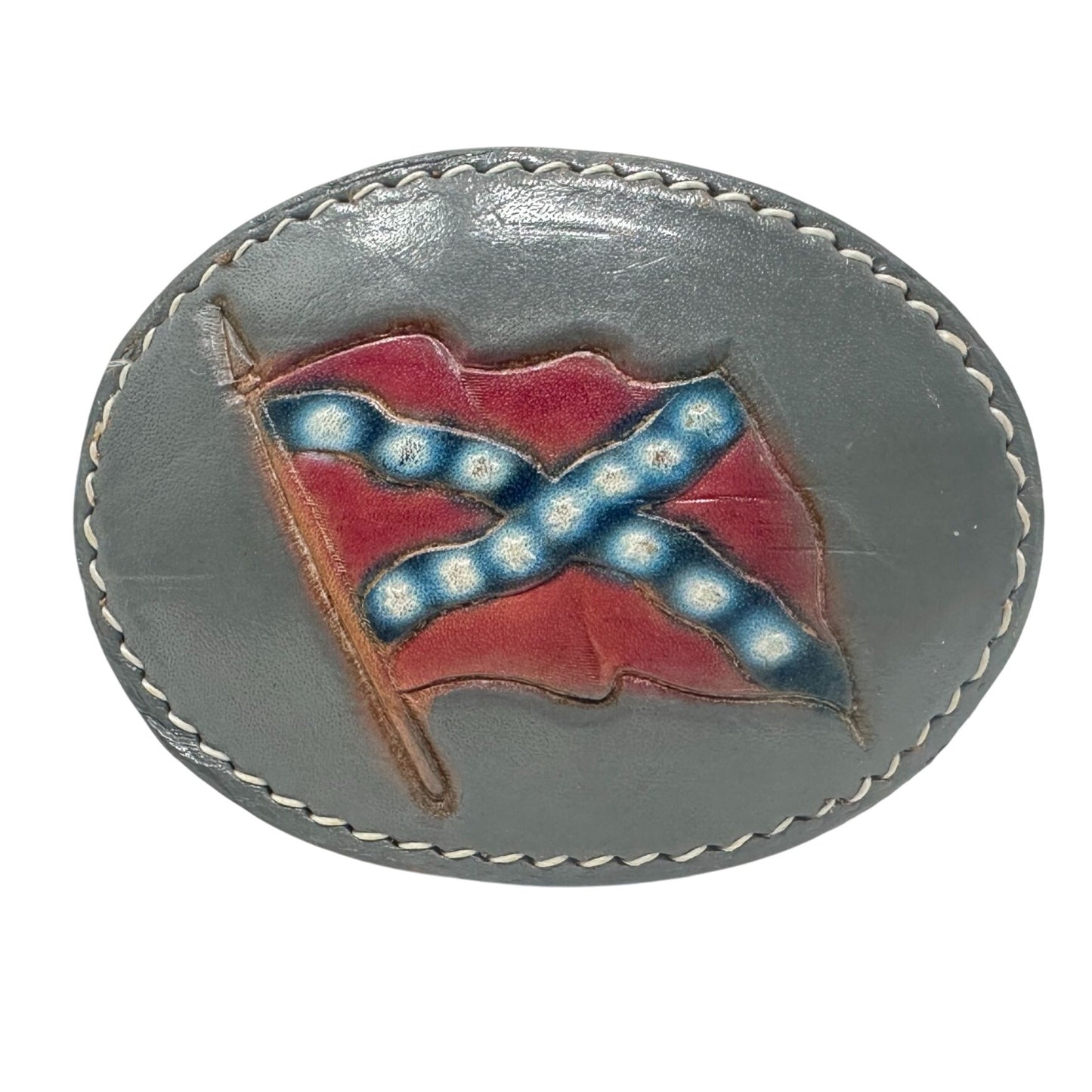 Vtg Civil War Oval Tooled Leather Belt Buckle Handcrafted Flag Southern Cross