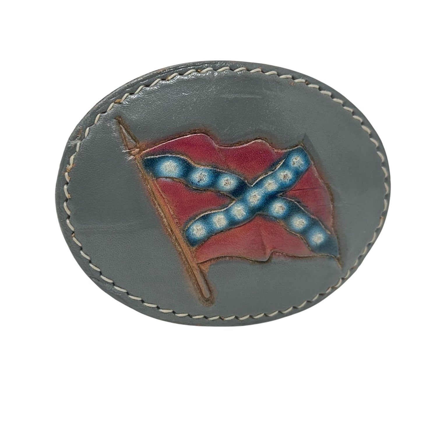 Vtg Civil War Oval Tooled Leather Belt Buckle Handcrafted Flag Southern Cross