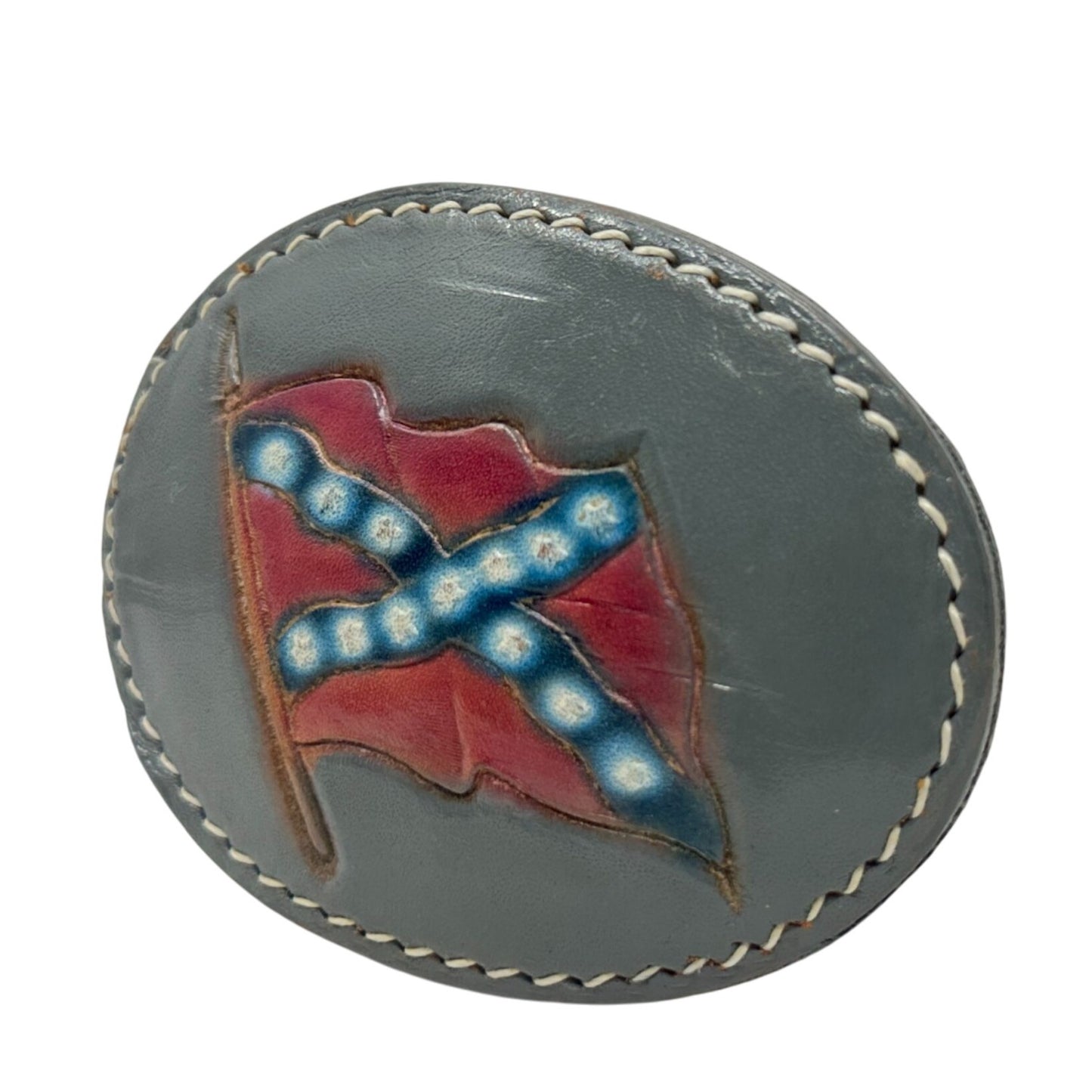 Vtg Civil War Oval Tooled Leather Belt Buckle Handcrafted Flag Southern Cross