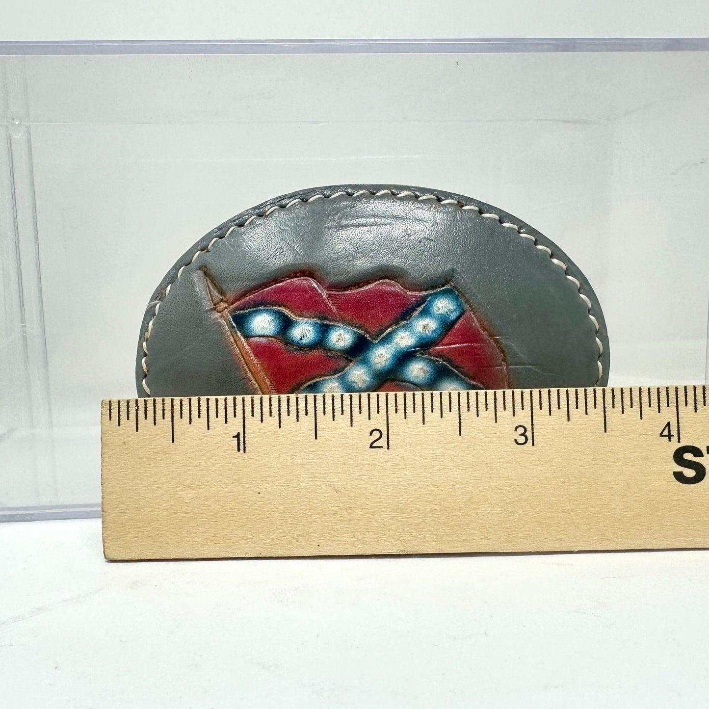 Vtg Civil War Oval Tooled Leather Belt Buckle Handcrafted Flag Southern Cross