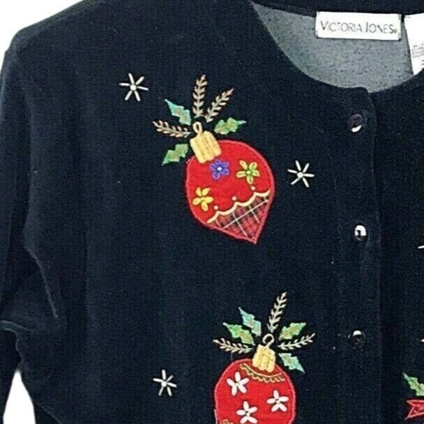 Victoria Jones Christmas Cardigan Sweater Black Velour Applique Holiday Medium