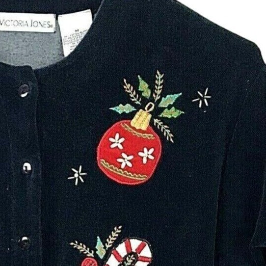 Victoria Jones Christmas Cardigan Sweater Black Velour Applique Holiday Medium