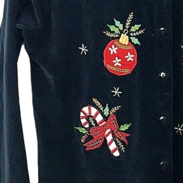 Victoria Jones Christmas Cardigan Sweater Black Velour Applique Holiday Medium
