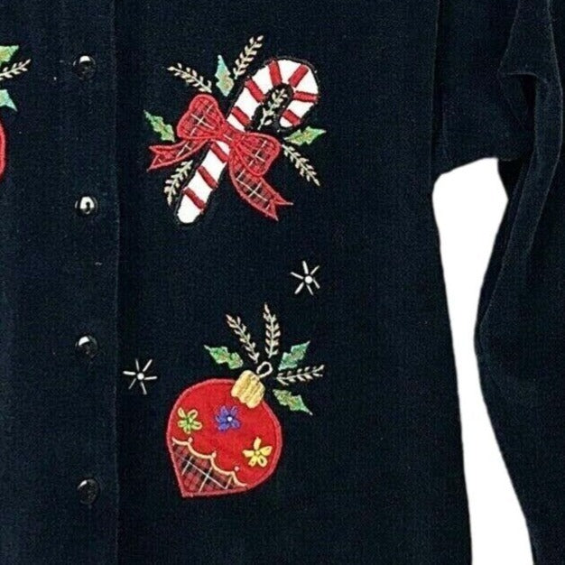 Victoria Jones Christmas Cardigan Sweater Black Velour Applique Holiday Medium
