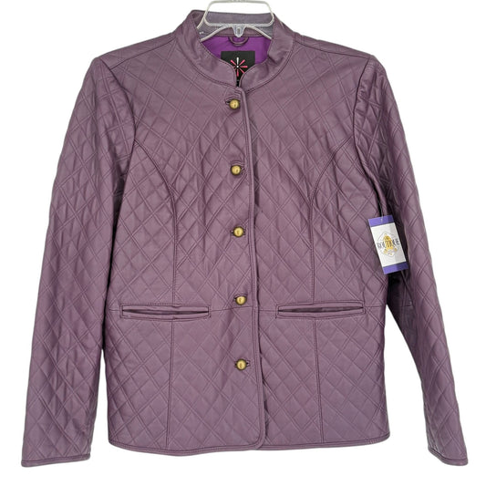 Isaac Mizrahi Live Womens XL Purple Leather Quilted Jacket Front Button Lined