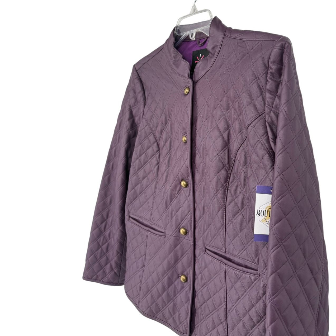 Isaac Mizrahi Live Womens XL Purple Leather Quilted Jacket Front Button Lined