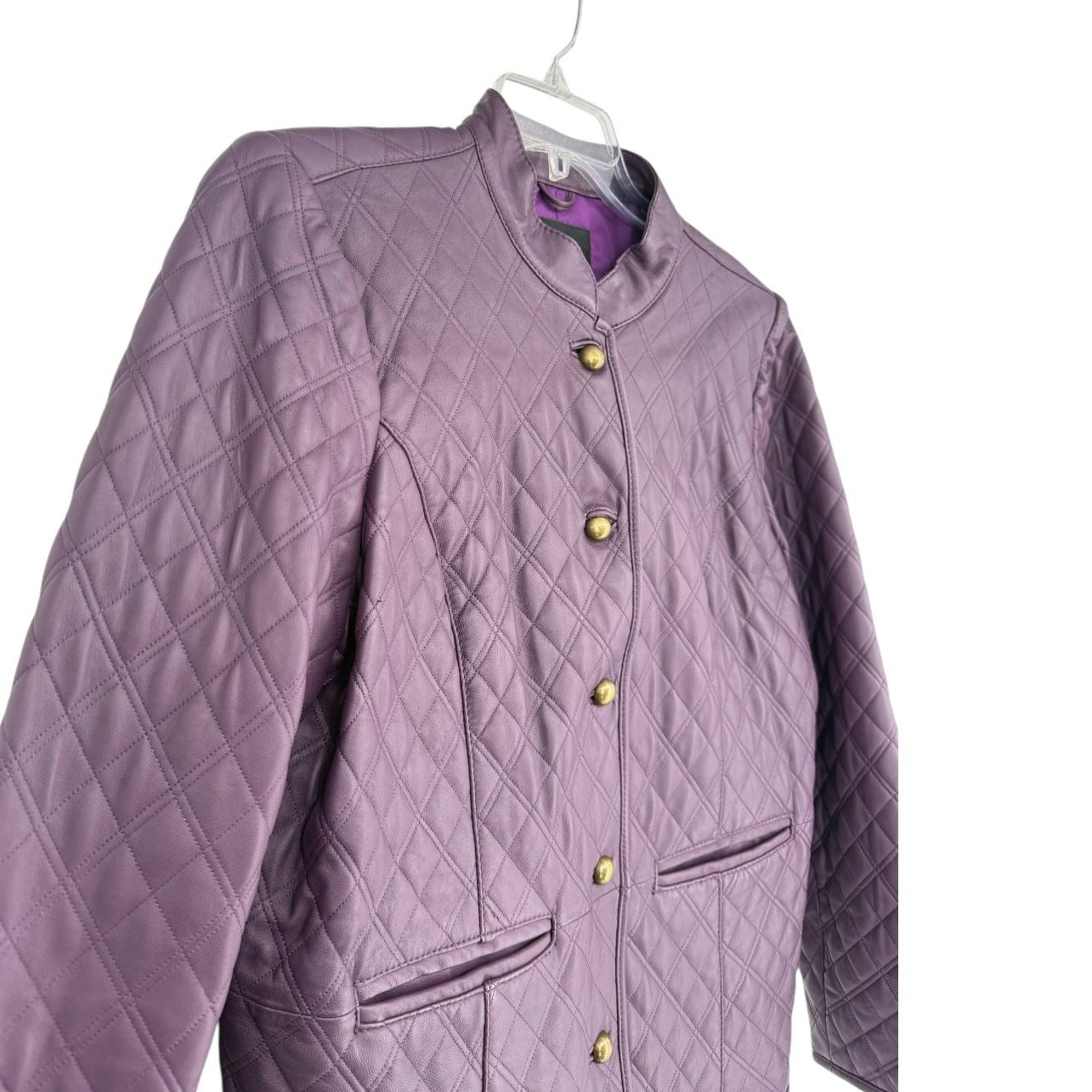 Isaac Mizrahi Live Womens XL Purple Leather Quilted Jacket Front Button Lined