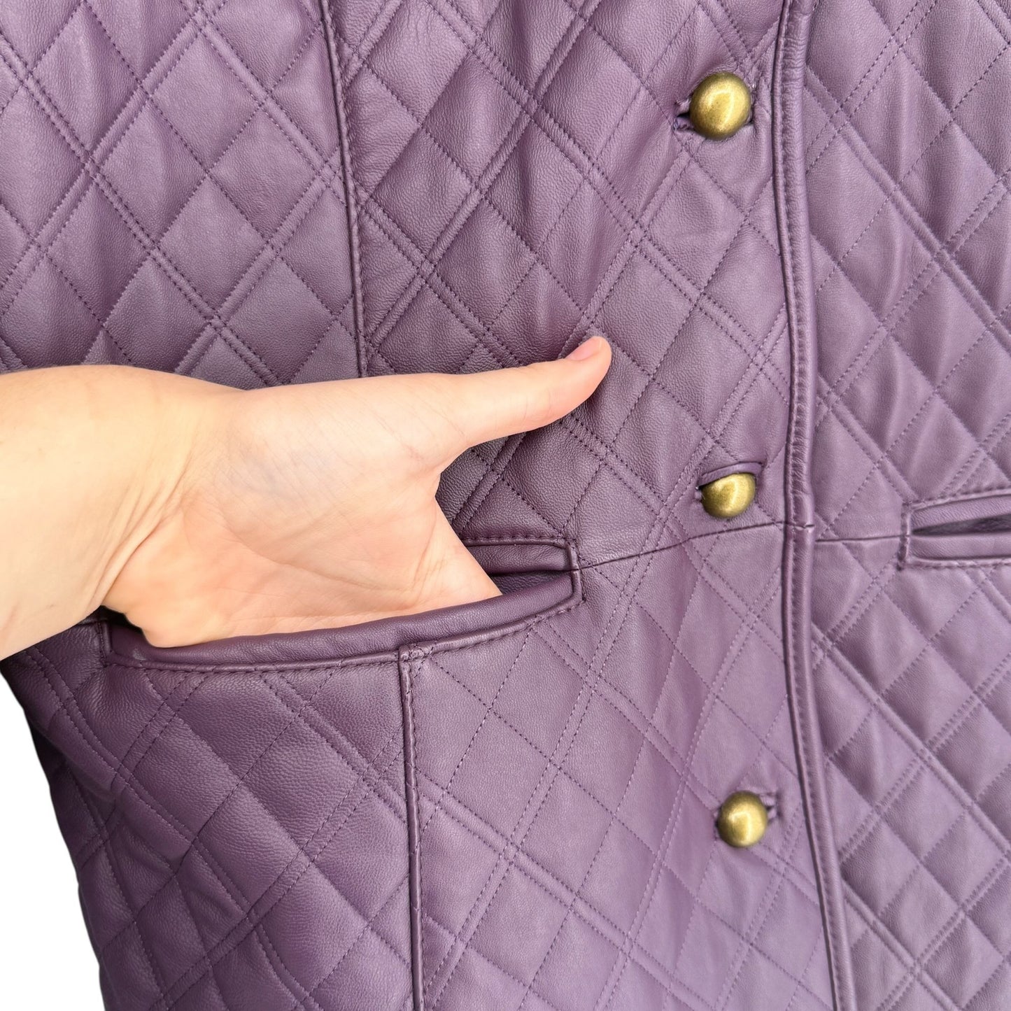 Isaac Mizrahi Live Womens XL Purple Leather Quilted Jacket Front Button Lined