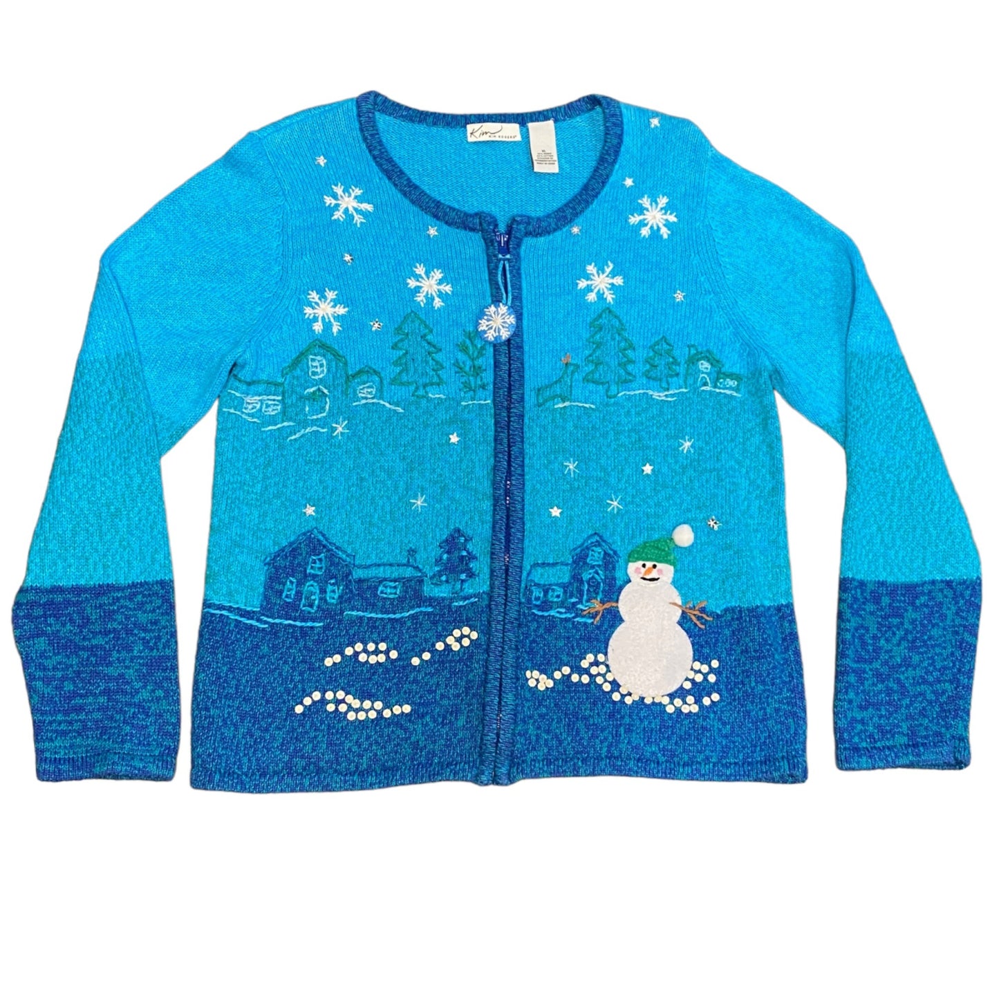 Snowman Christmas Sweater Kim Rogers XL Zip Front Maximalist Grandmacore Quirky