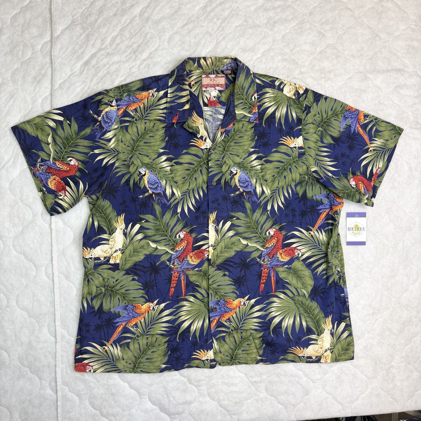 Vtg RJC Hawaiian Aloha Shirt 2XL Parrot Tropical Short Sleeve Hawaii USA Made