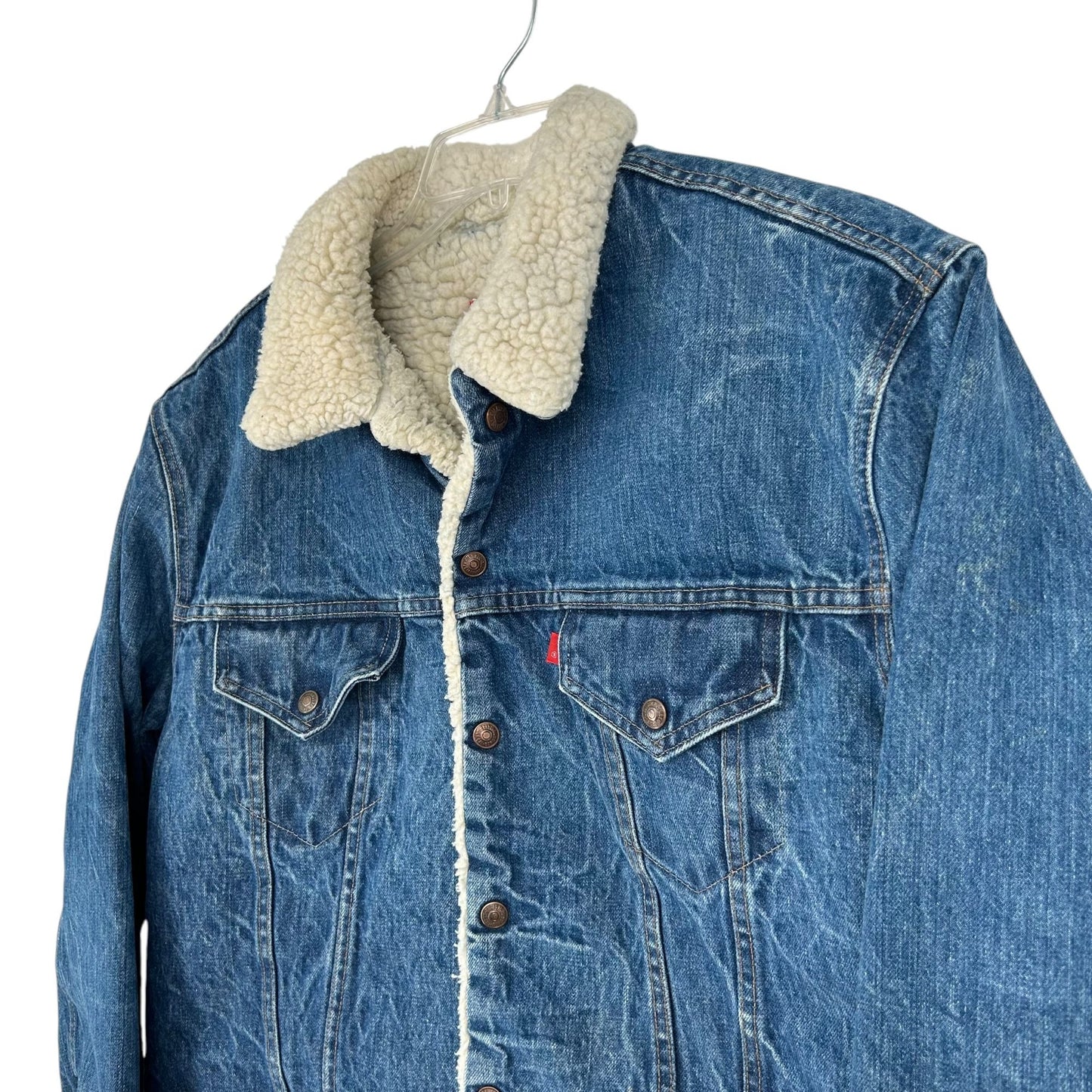 Vtg Levis Denim Trucker Jean Jacket Sherpa Lined USA Utility Cowboy Workwear 50