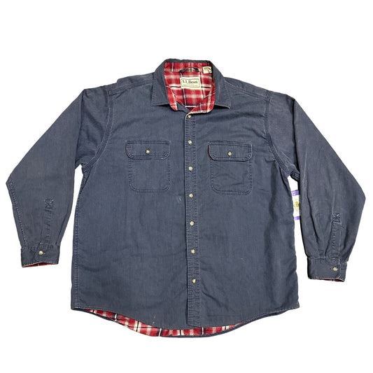 Vintage 90s LL Bean Denim Jacket Shacket XL Red Flannel Lined Lumberman Workwear