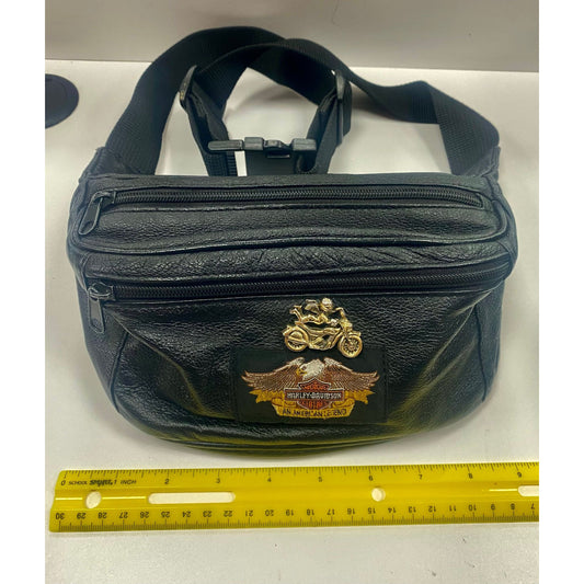 Vintage Harley-Davidson Black Leather Fanny Pack Embroidered Gold Motorcycle Pin