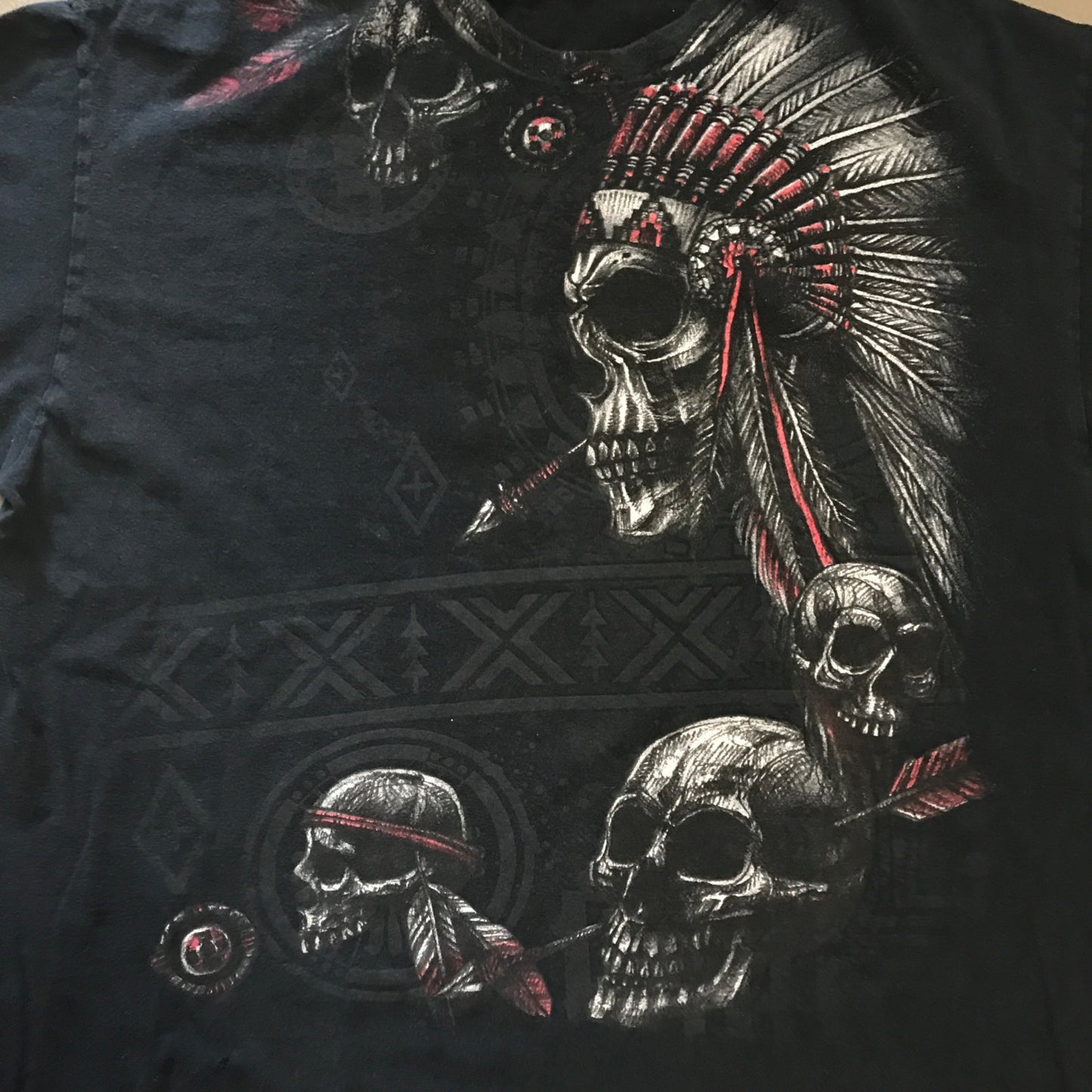 Vintage Native American Skull Warrior Gildan XL Black Tshirt Short Sleeve 90s