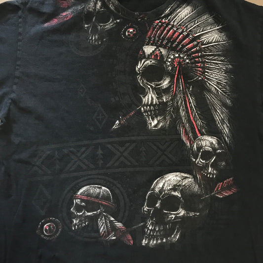 Vintage Native American Skull Warrior Gildan XL Black Tshirt Short Sleeve 90s