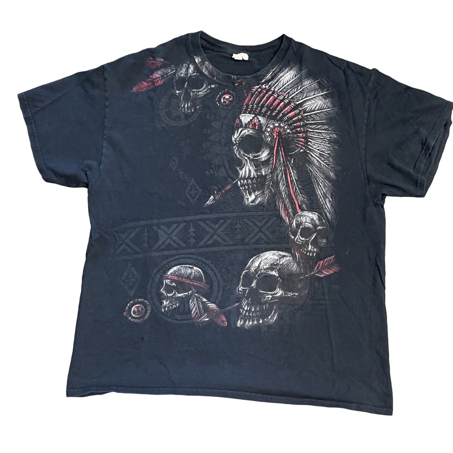 Vintage Native American Skull Warrior Gildan XL Black Tshirt Short Sleeve 90s