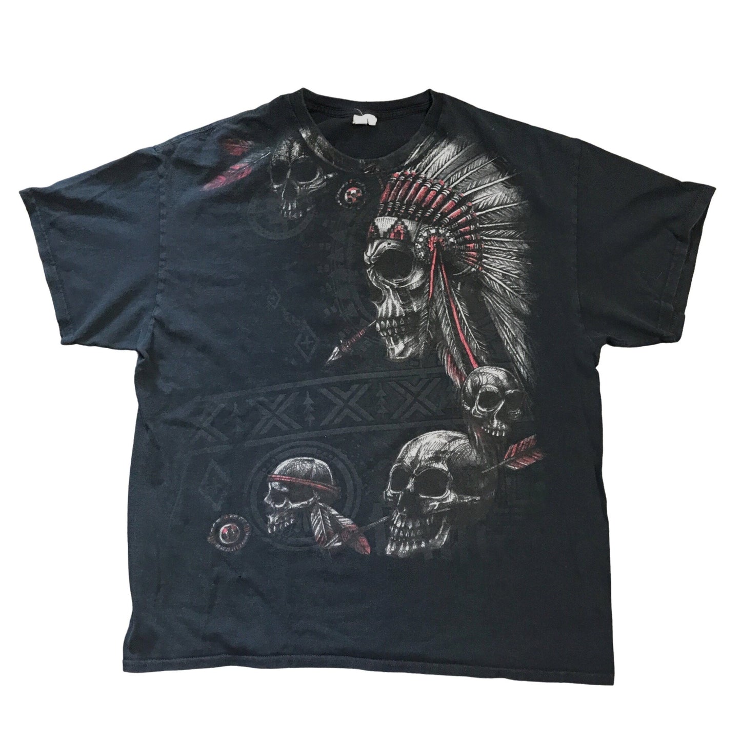 Vintage Native American Skull Warrior Gildan XL Black Tshirt Short Sleeve 90s