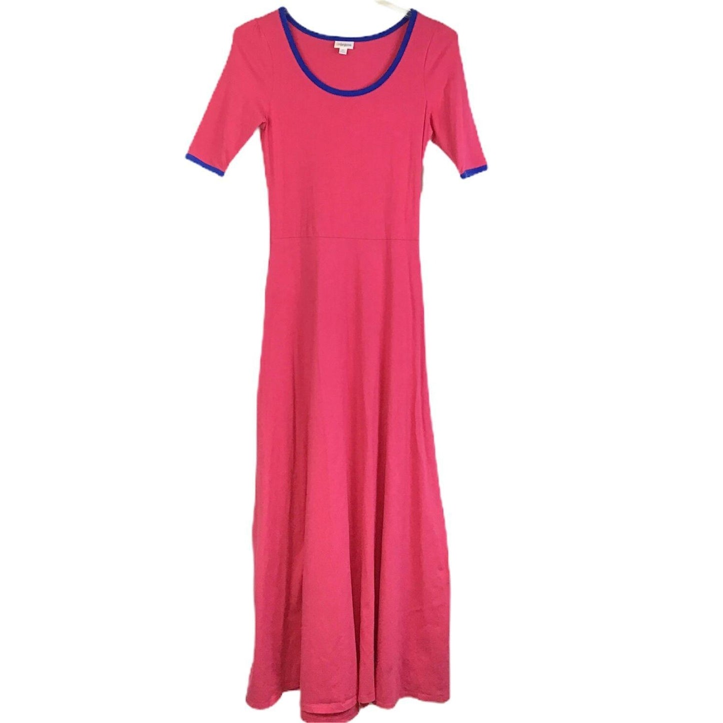 NWT LulaRoe M Ana Maxi Dress Scoop Neck Short Sleeve Pink Blue Trim Stretch