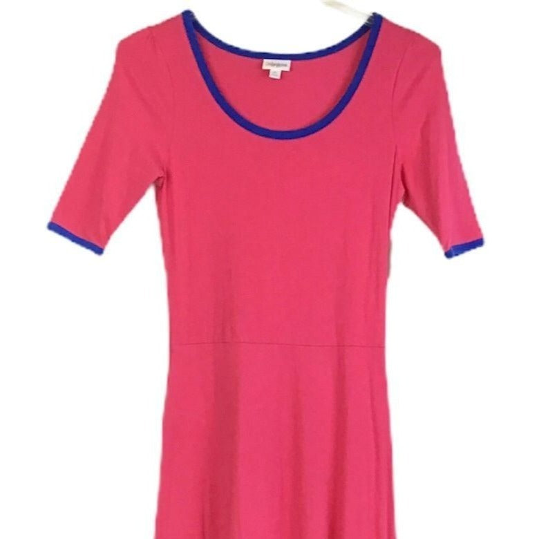 NWT LulaRoe M Ana Maxi Dress Scoop Neck Short Sleeve Pink Blue Trim Stretch