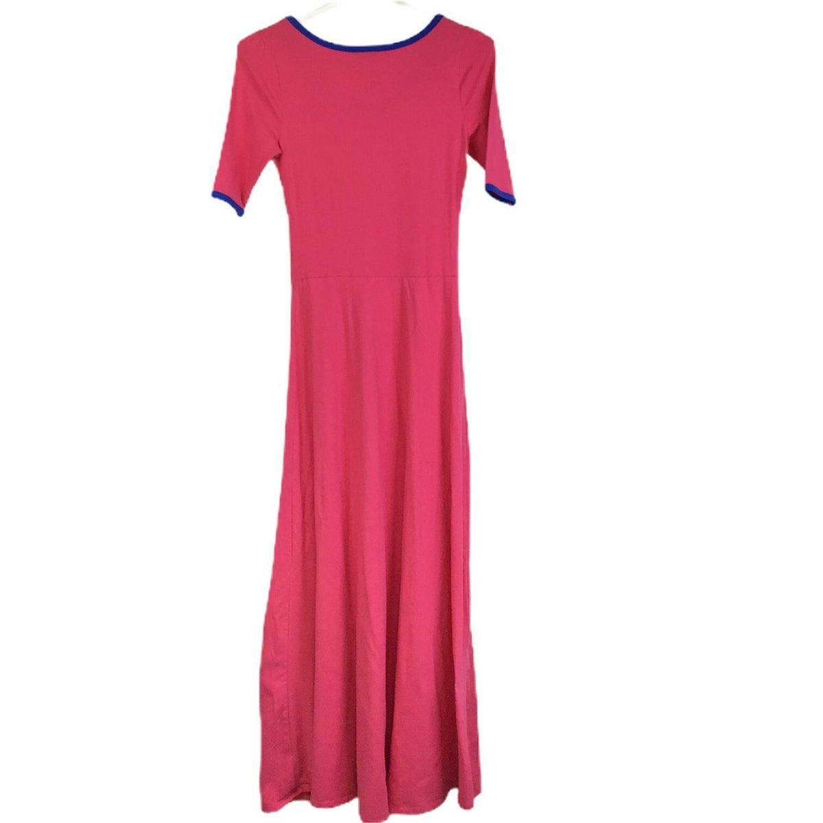NWT LulaRoe M Ana Maxi Dress Scoop Neck Short Sleeve Pink Blue Trim Stretch