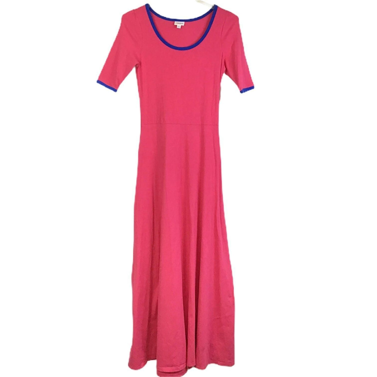NWT LulaRoe M Ana Maxi Dress Scoop Neck Short Sleeve Pink Blue Trim Stretch
