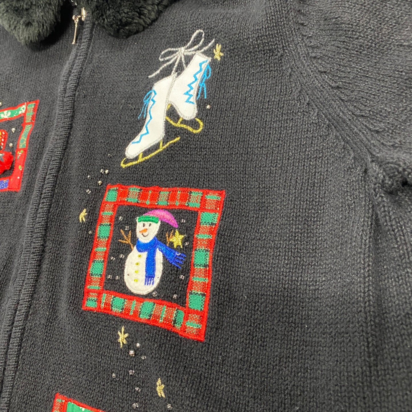 Womens Vtg Christmas Cardigan Sweater Designer Original Studios XL Black Zipper