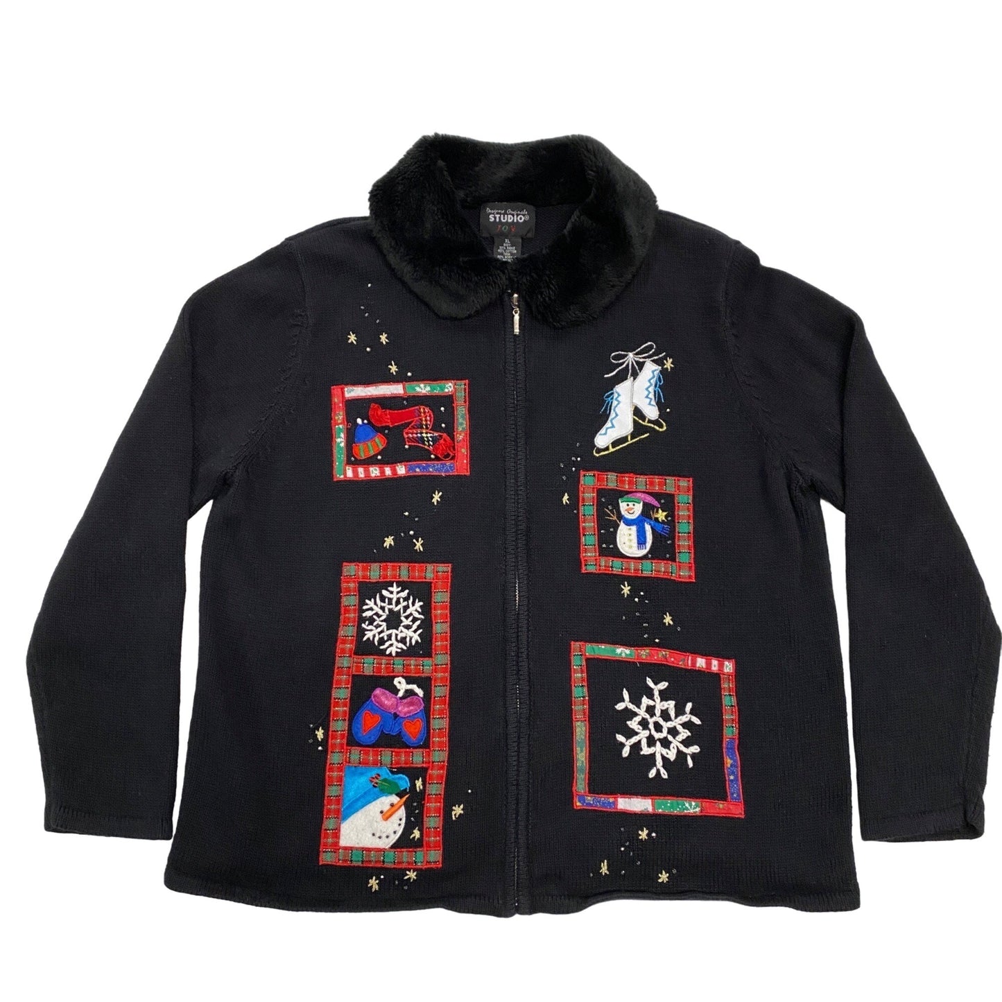 Womens Vtg Christmas Cardigan Sweater Designer Original Studios XL Black Zipper