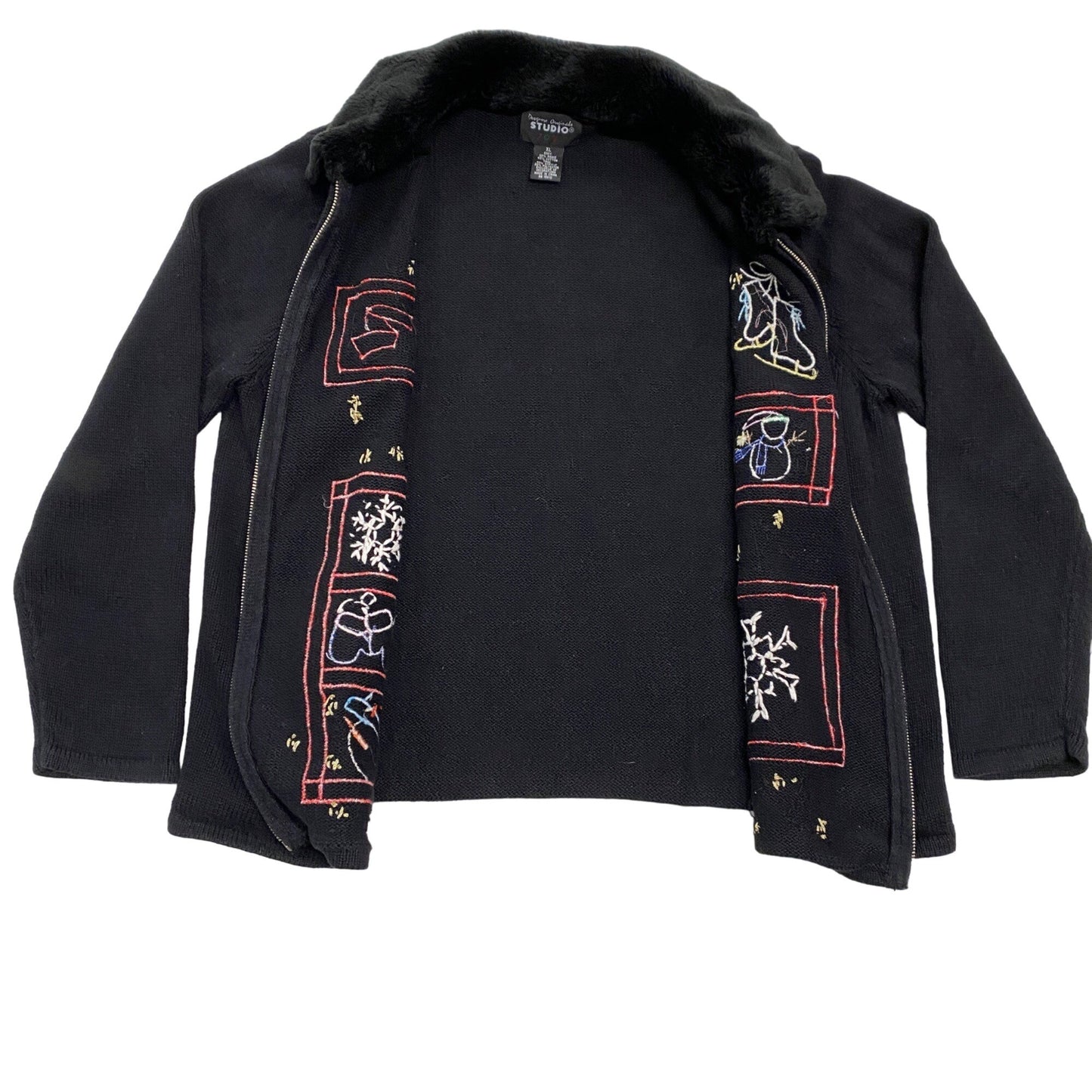 Womens Vtg Christmas Cardigan Sweater Designer Original Studios XL Black Zipper