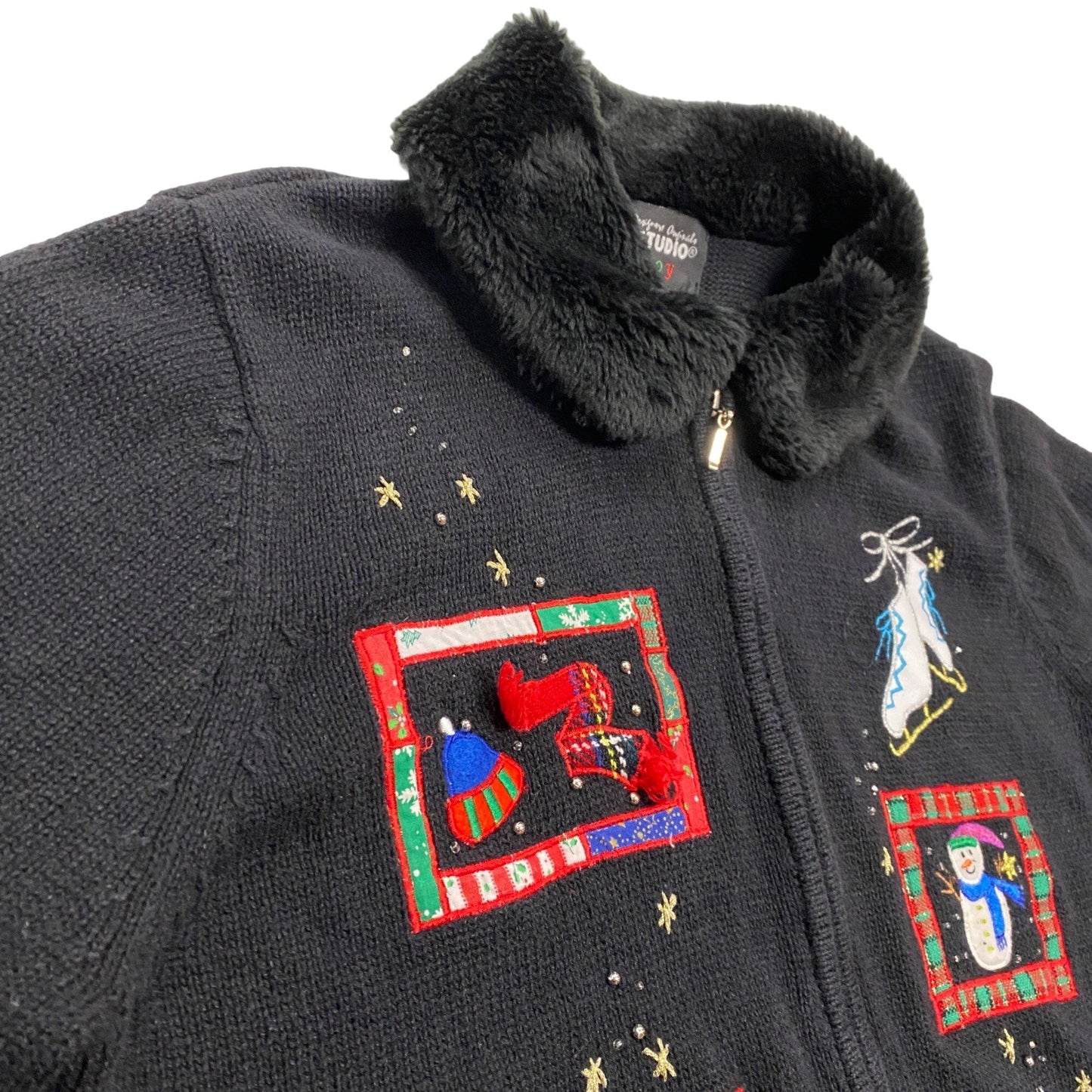 Womens Vtg Christmas Cardigan Sweater Designer Original Studios XL Black Zipper