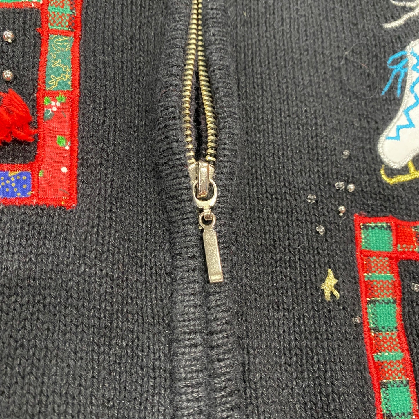 Womens Vtg Christmas Cardigan Sweater Designer Original Studios XL Black Zipper