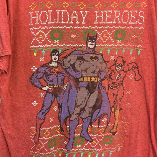 Justice League XL Heathered Red Tshirt Holiday Heroes Batman Flash Superman