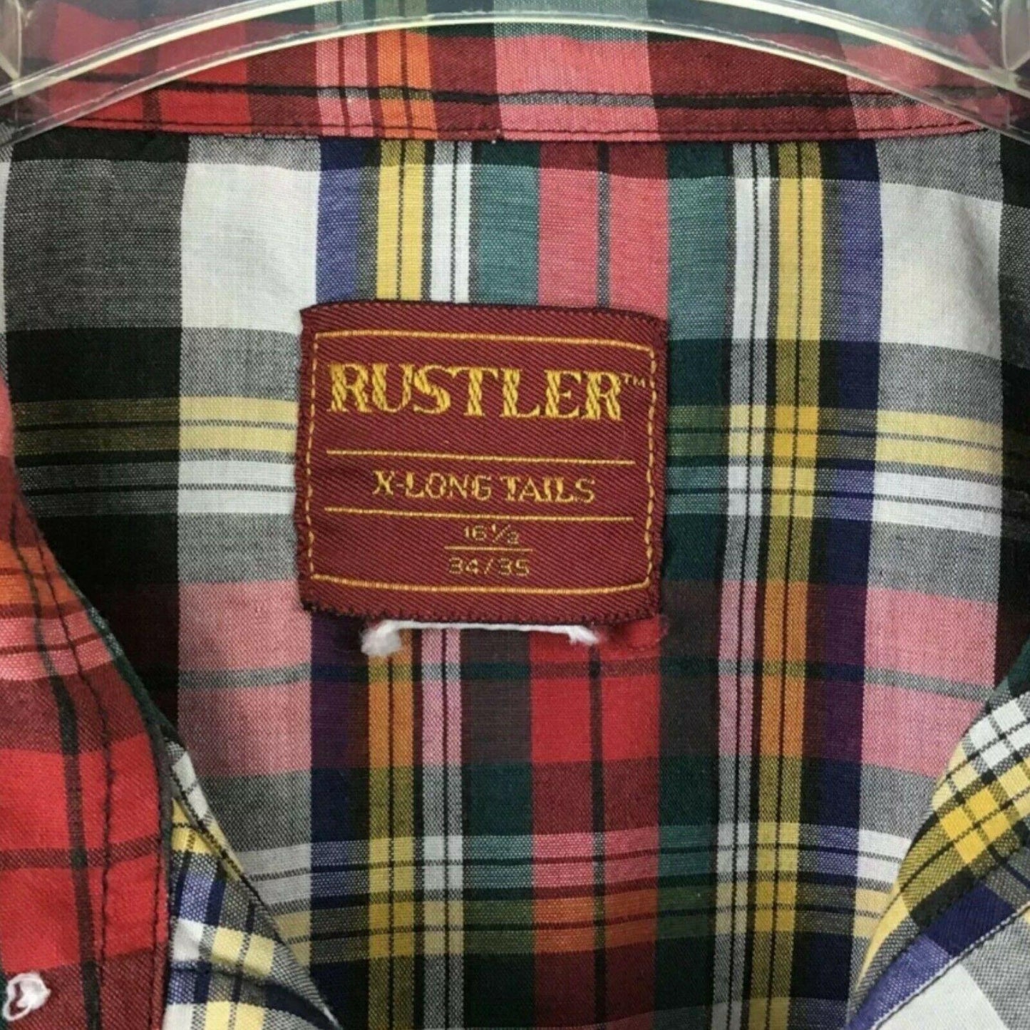 Rustler Mens 16.5 34/35 Pearl Snap Plaid Button Up Shirt Long Sleeve XLong Tails