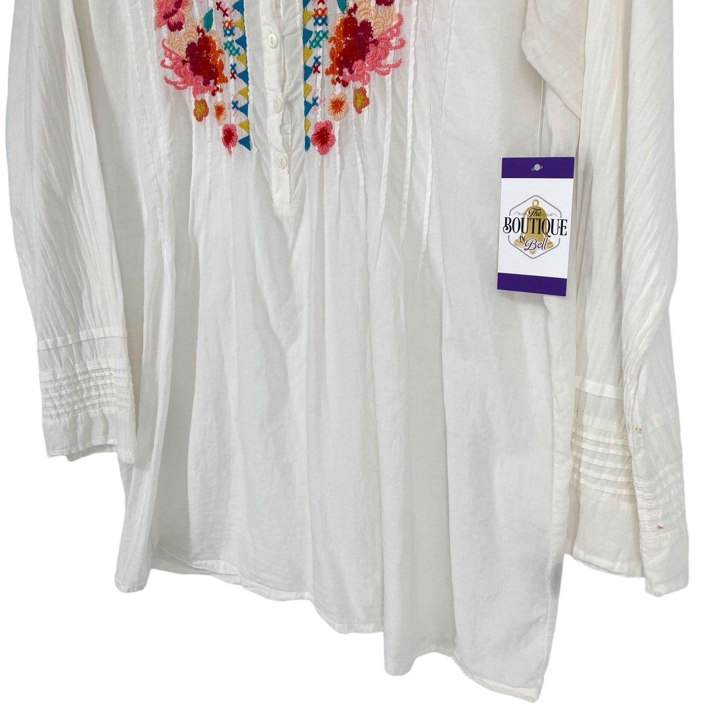 Johnny Was Womens L Boho Tunic Blouse White Floral Embroidery White Long Sleeve