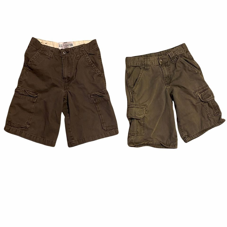 Boys size 8 Cargo Shorts Green Brown Pockets Knee Length - Lot of 2