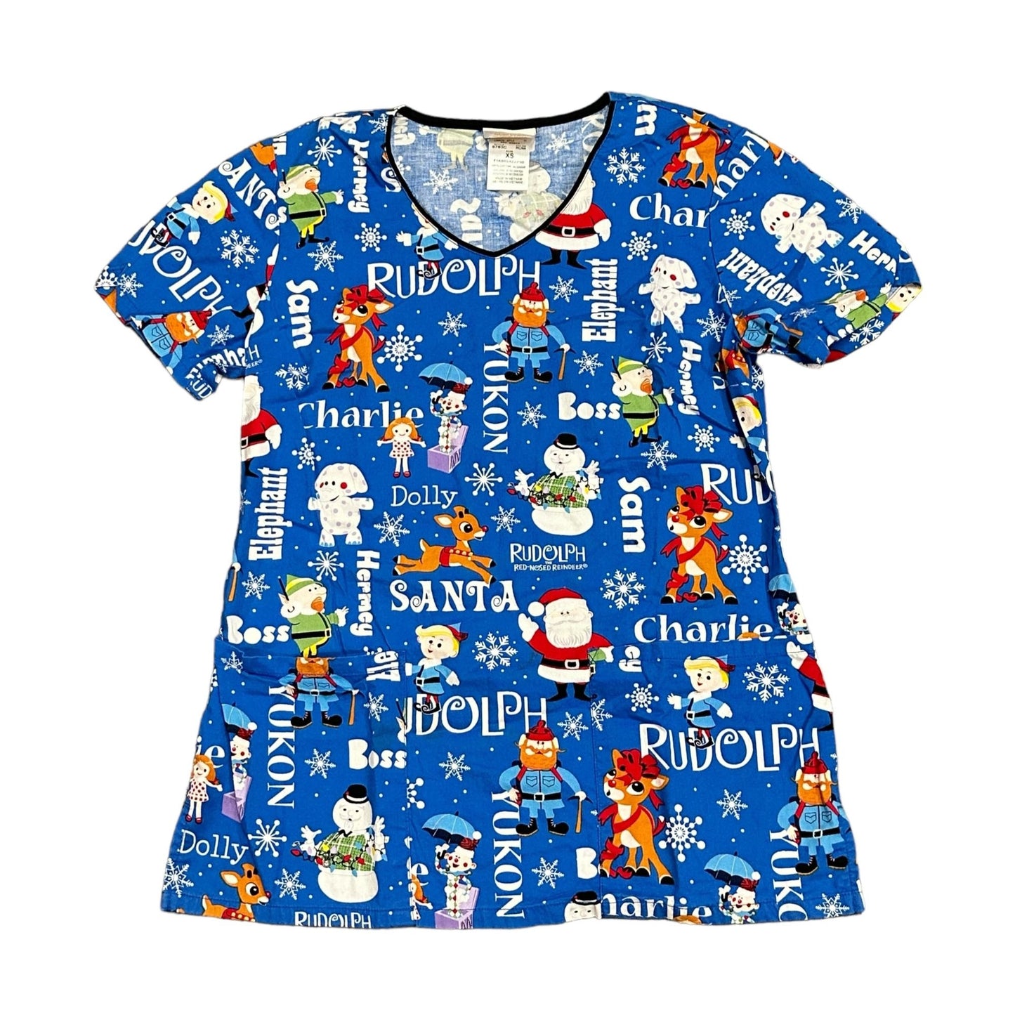 Rudolph the Red Nose Reindeer Christmas Scrub Top XS Top VNeck Short Sleeve