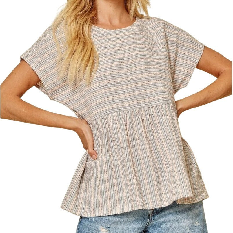 Andree By Unit L Linen Cotton Babydoll Top Summer Monica Stripe Blue Rust