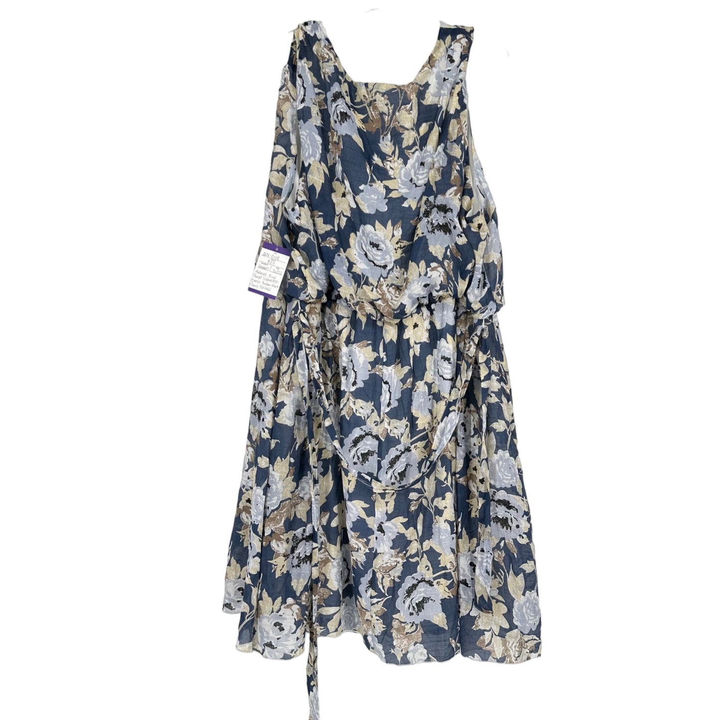 Avenue 30/32 Blue Floral Sleeveless Dress Button Front Flowy Belted Pockets