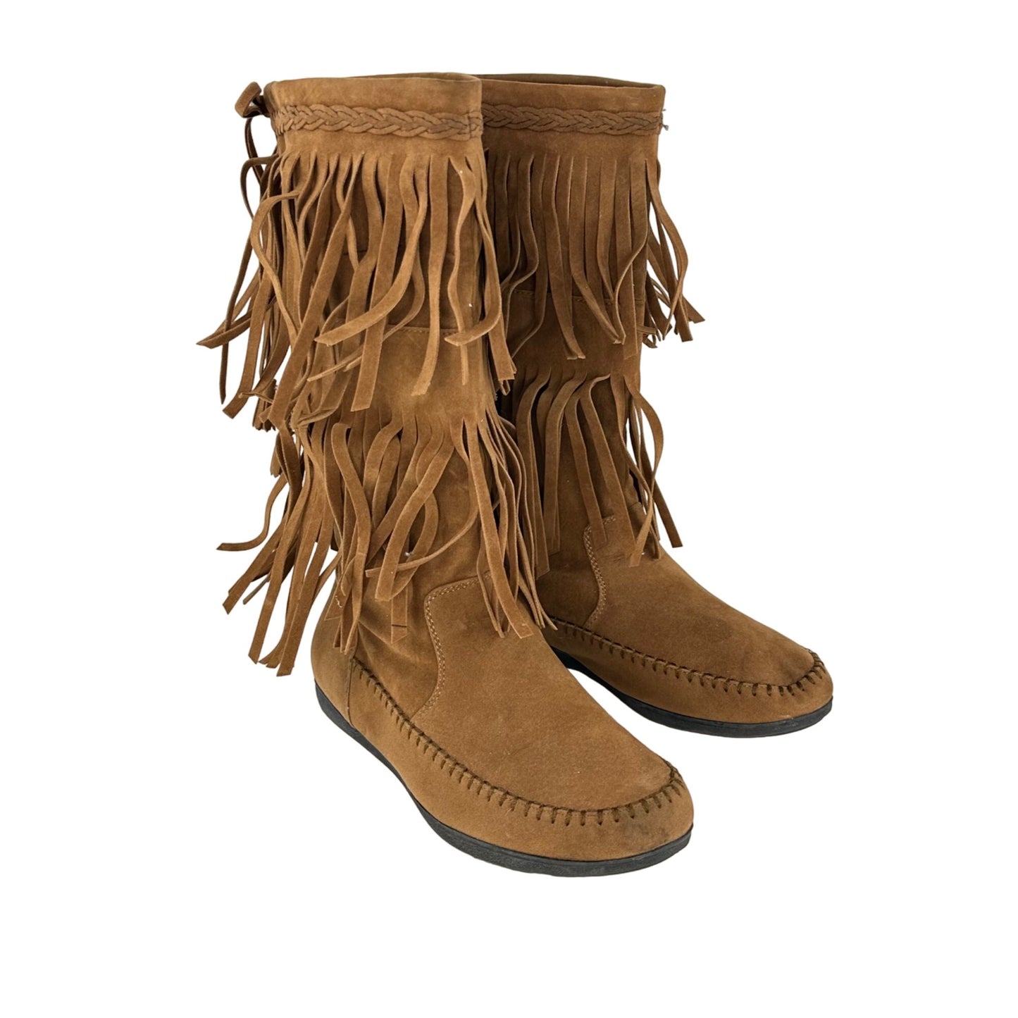 Rampage Womens 7.5 Cantrell Brown Fringe Pull On Boot Mid Calf Boho Hippie 70s