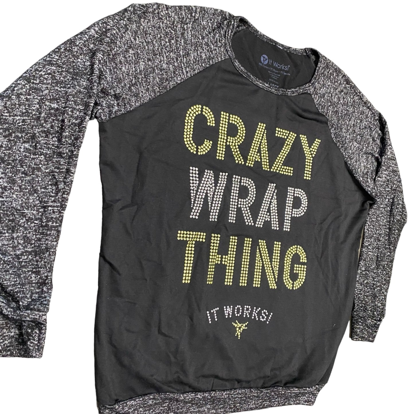 It Works! Distributor Shirt Womens L Crazy Wrap Thing Black Gray Long Sleeve