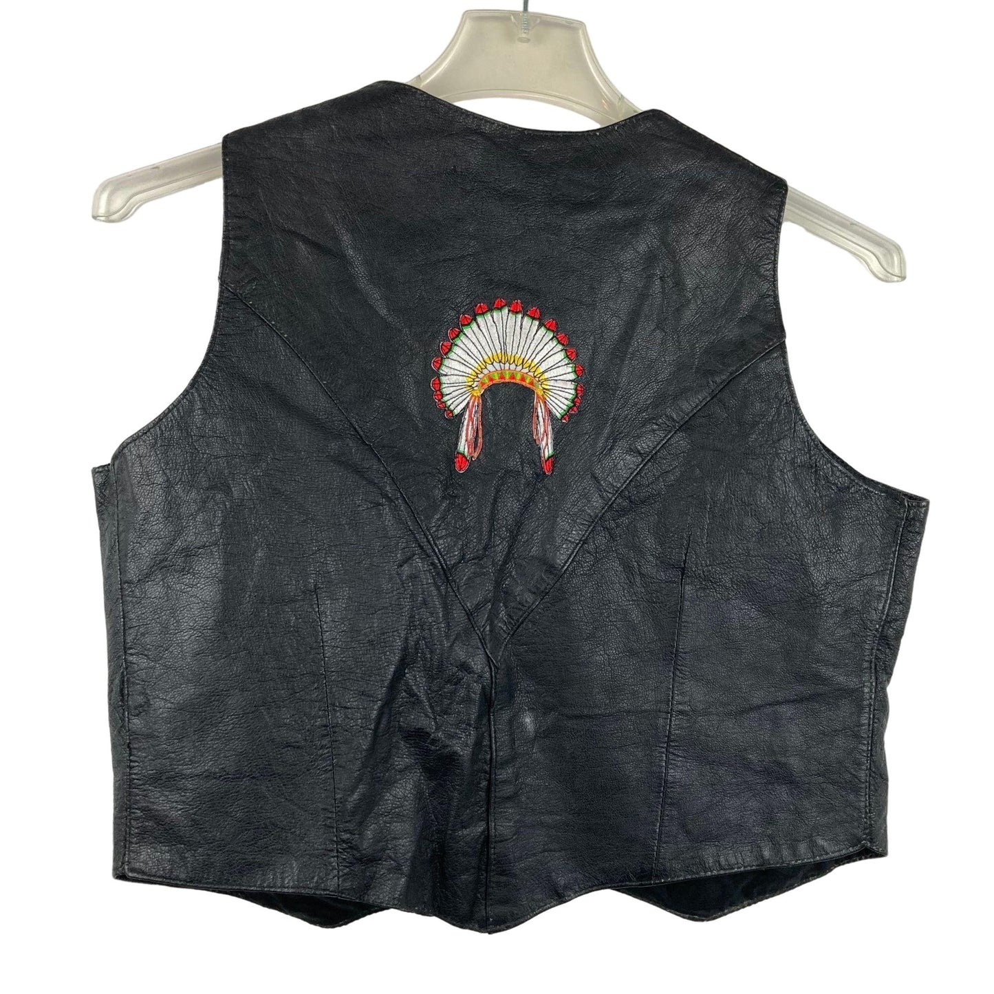 Hot Leathers Vest XL Black Snap Front Indian Headdress Applique Sleeveless