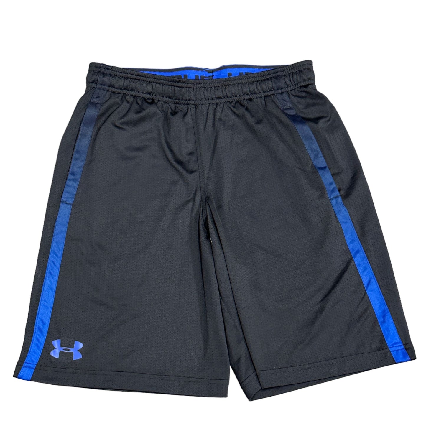 Under Armour Men M Black Shorts Blue Stripe Basketball Loose Casual Mesh Pockets