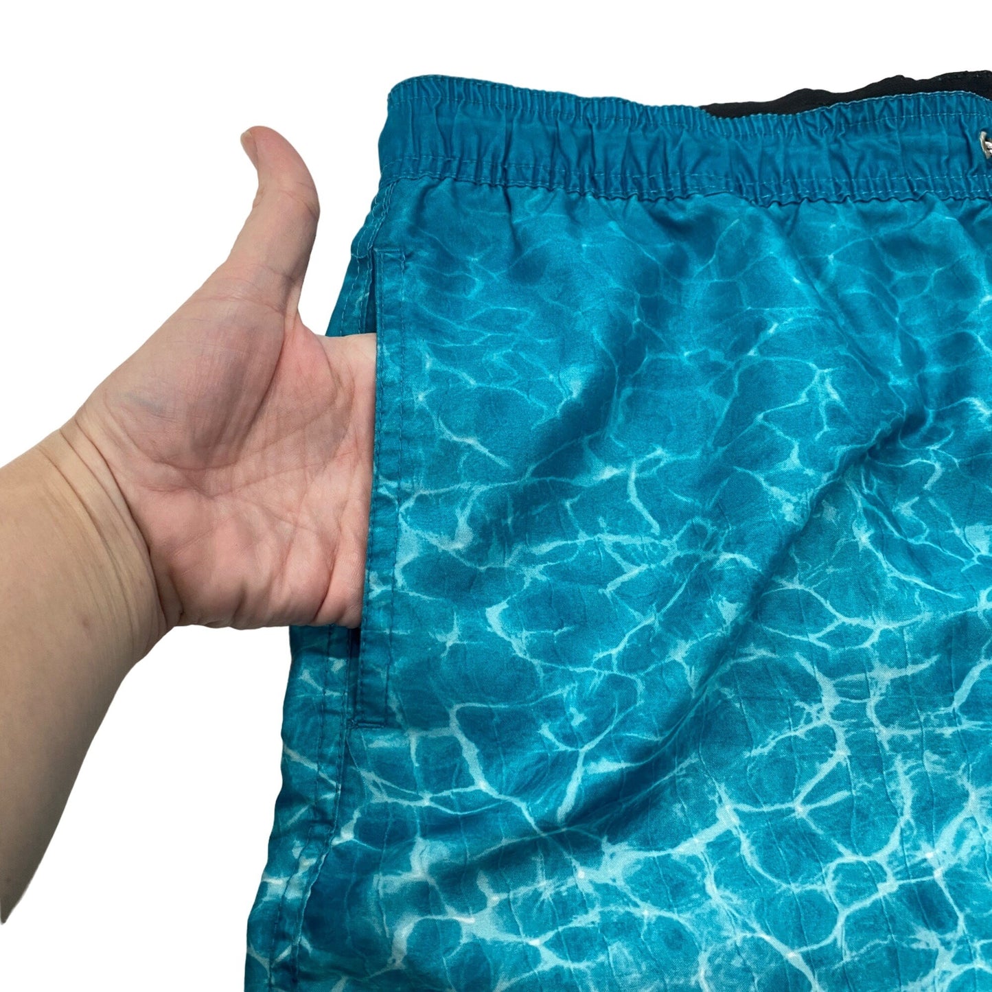 Kirkland Signature XL Mens Blue Aqua Print Swim Trunks Drawstring Pockets