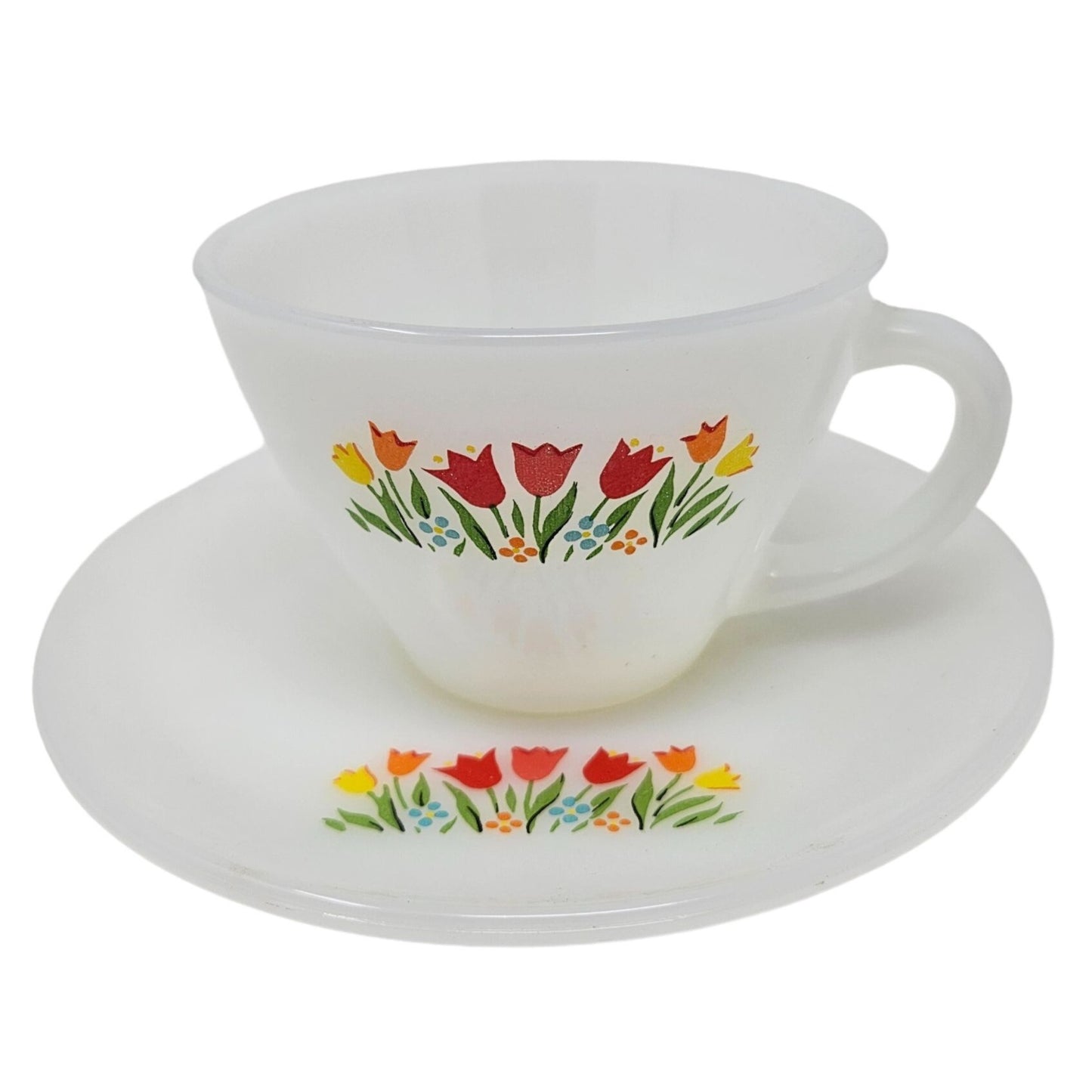 Vintage 1950s Anchor Hocking Fire King Milk Glass Tulip Tea Cup and Saucer Set