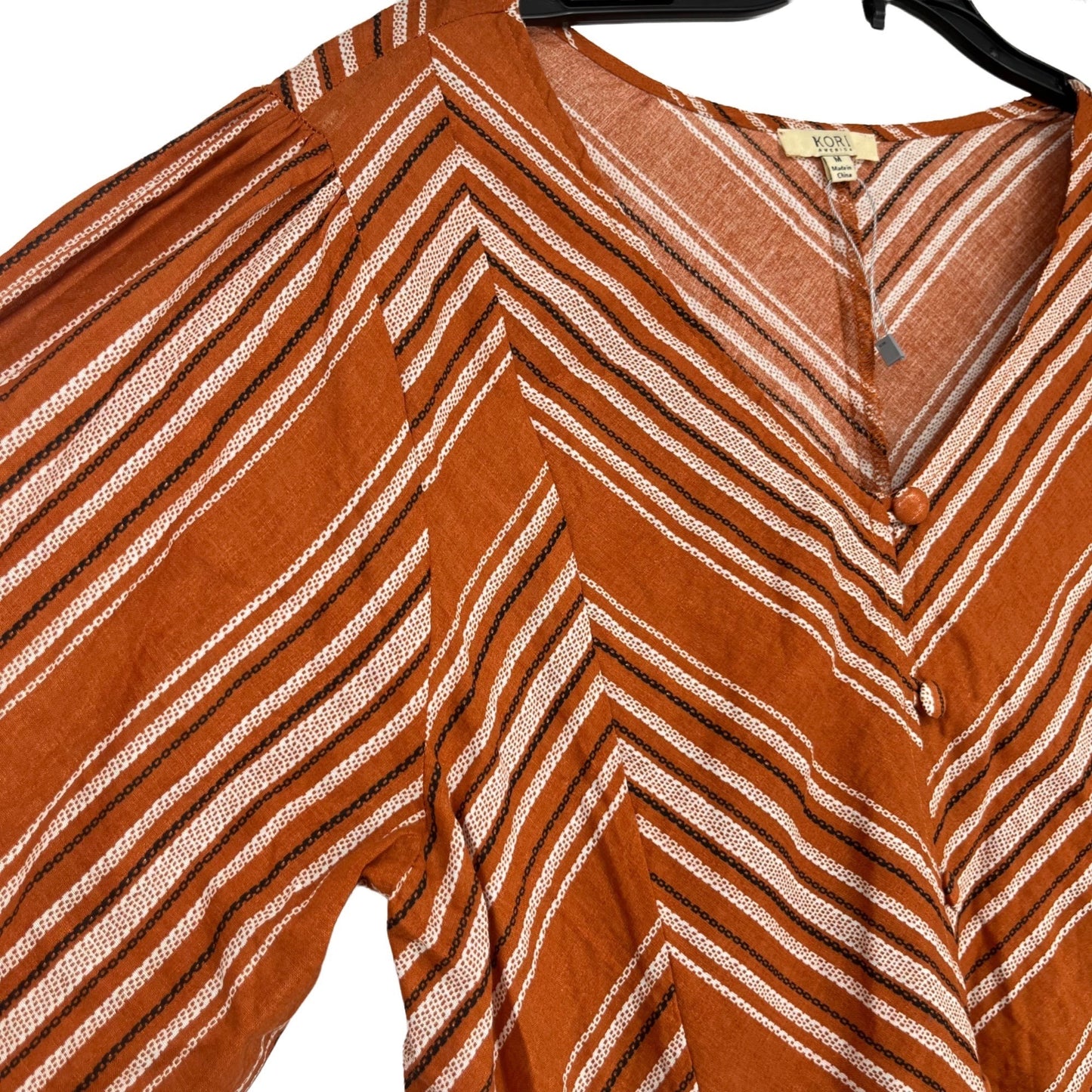 Kori Womens M Orange Peplum Peasant Blouse Striped Waist Ruffle Button Front Top