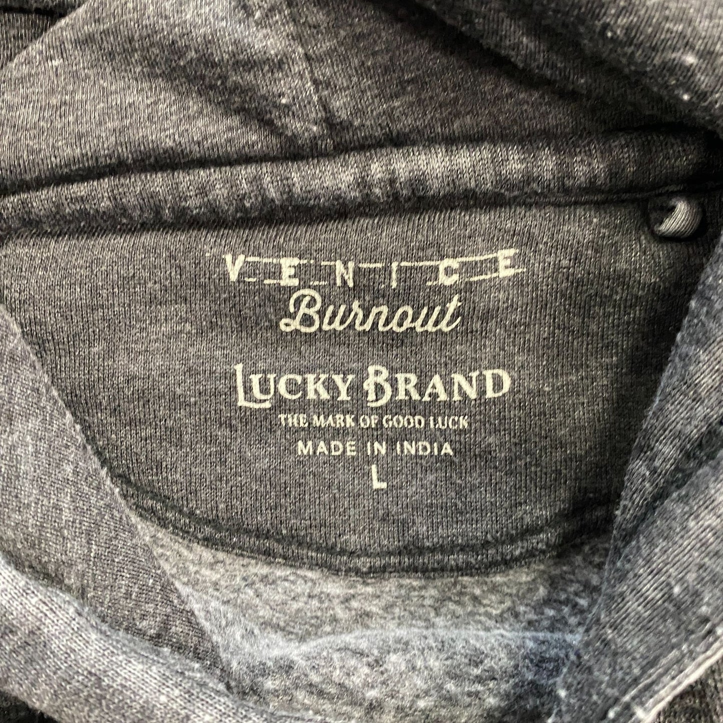 Lucky Brand Venice Burnout L Grey Pullover Hoodie "Four Leaf - Too Tough To Die"