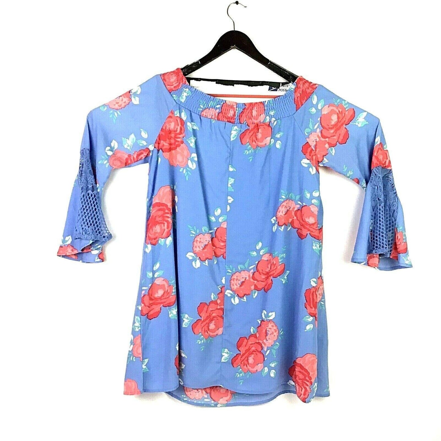 NWT Sequin Hearts XL Blue Floral Rose Blouse Roses Off Shoulder Bell Sleeves